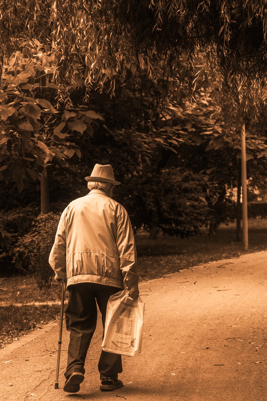 Elder man walking with cane and shopping bag