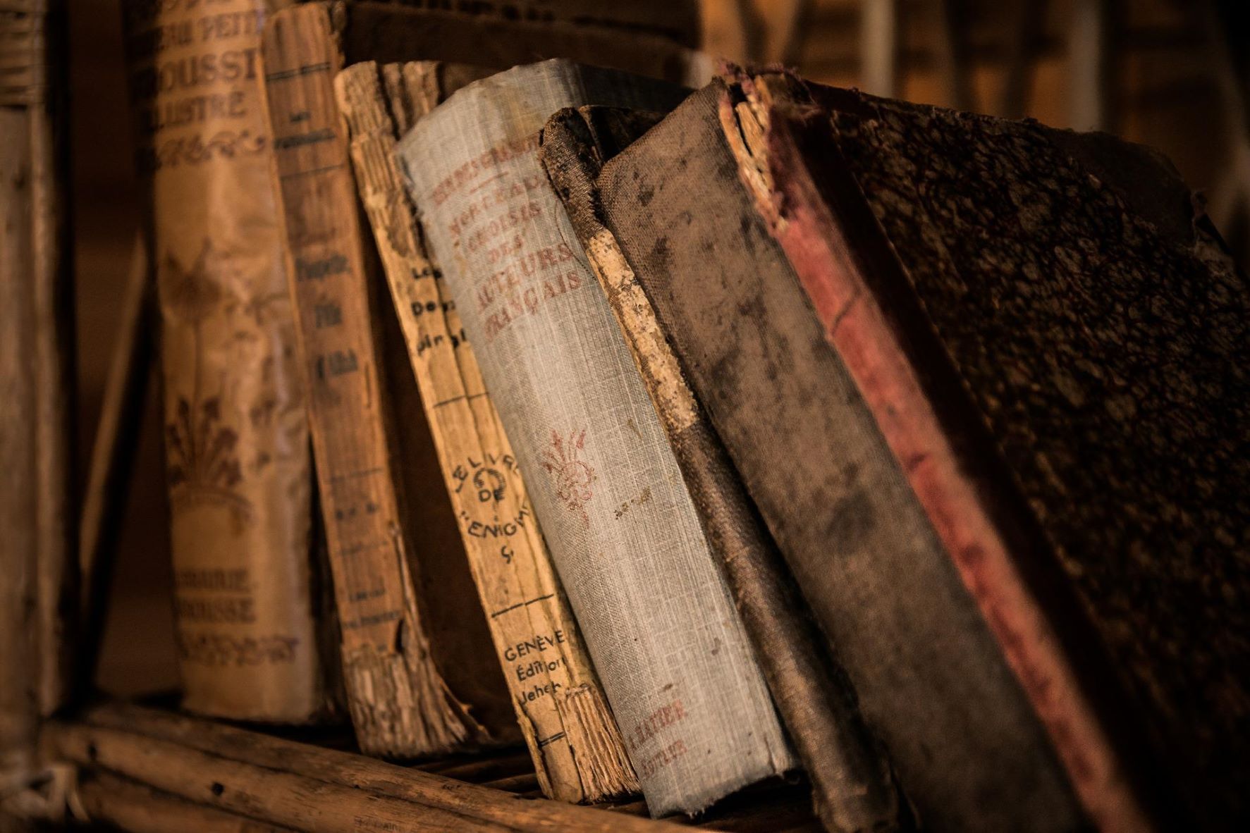 Aged and worn books on a shelf.