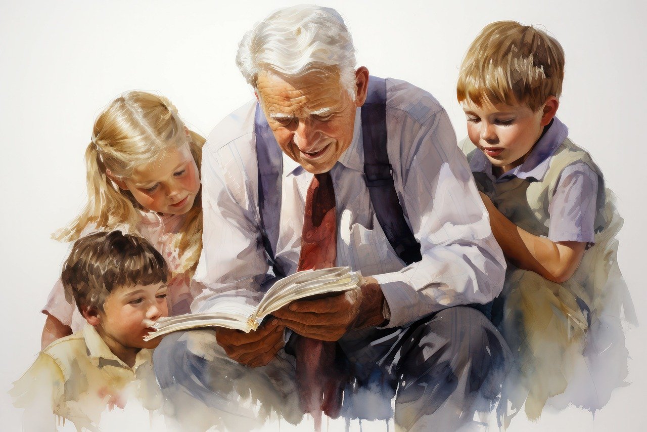 AI generated picture of an elderly man reading a book to children