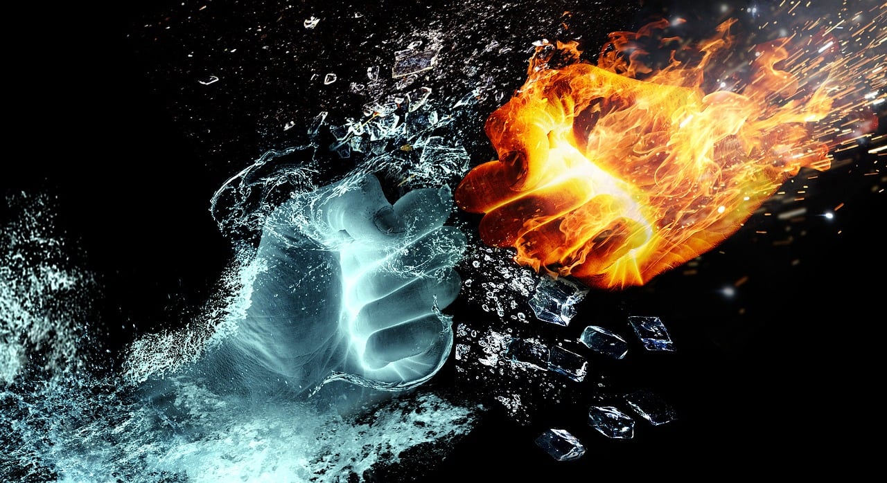 Fire and Water hands about to punch each other