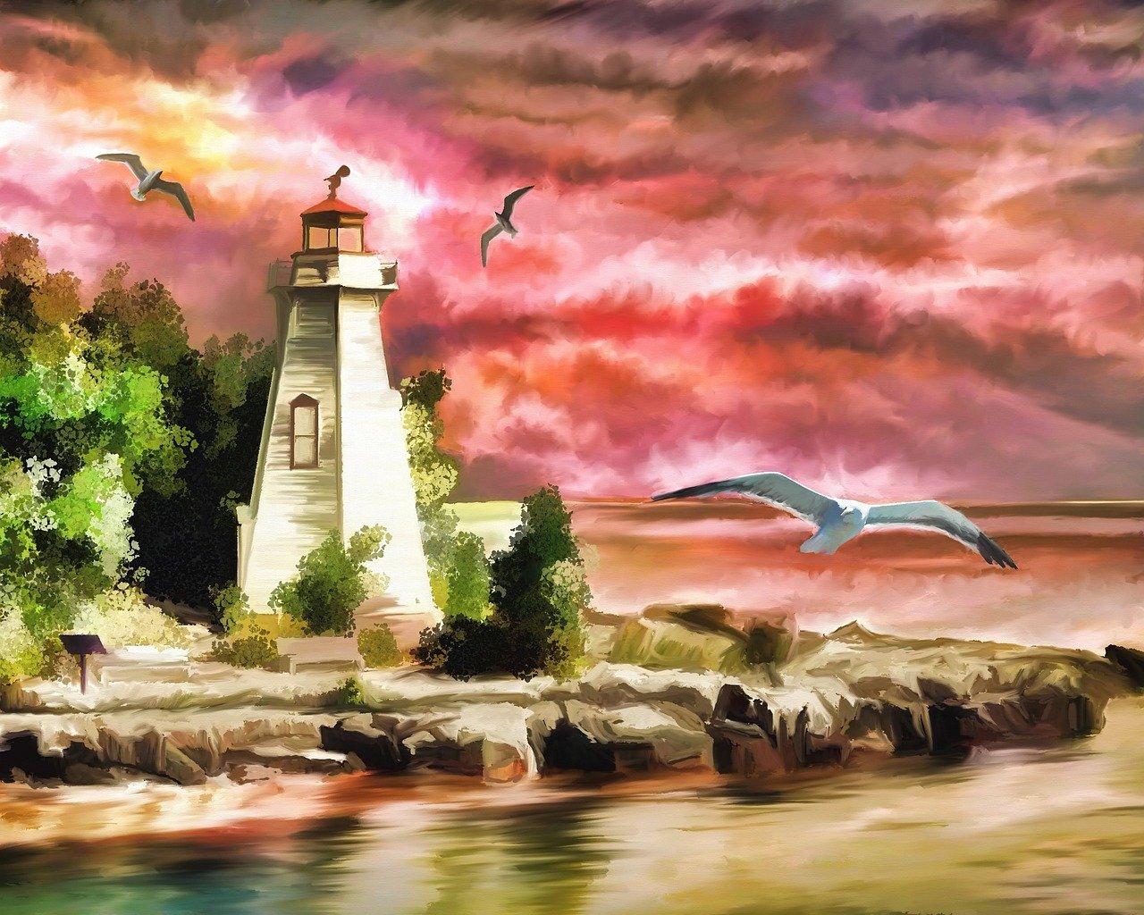 Painting of lighthouse at sunset
