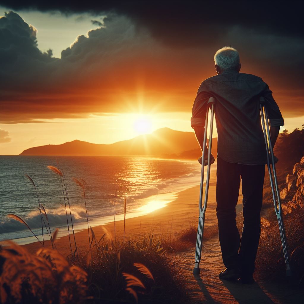 Walking with crutches into the sunset