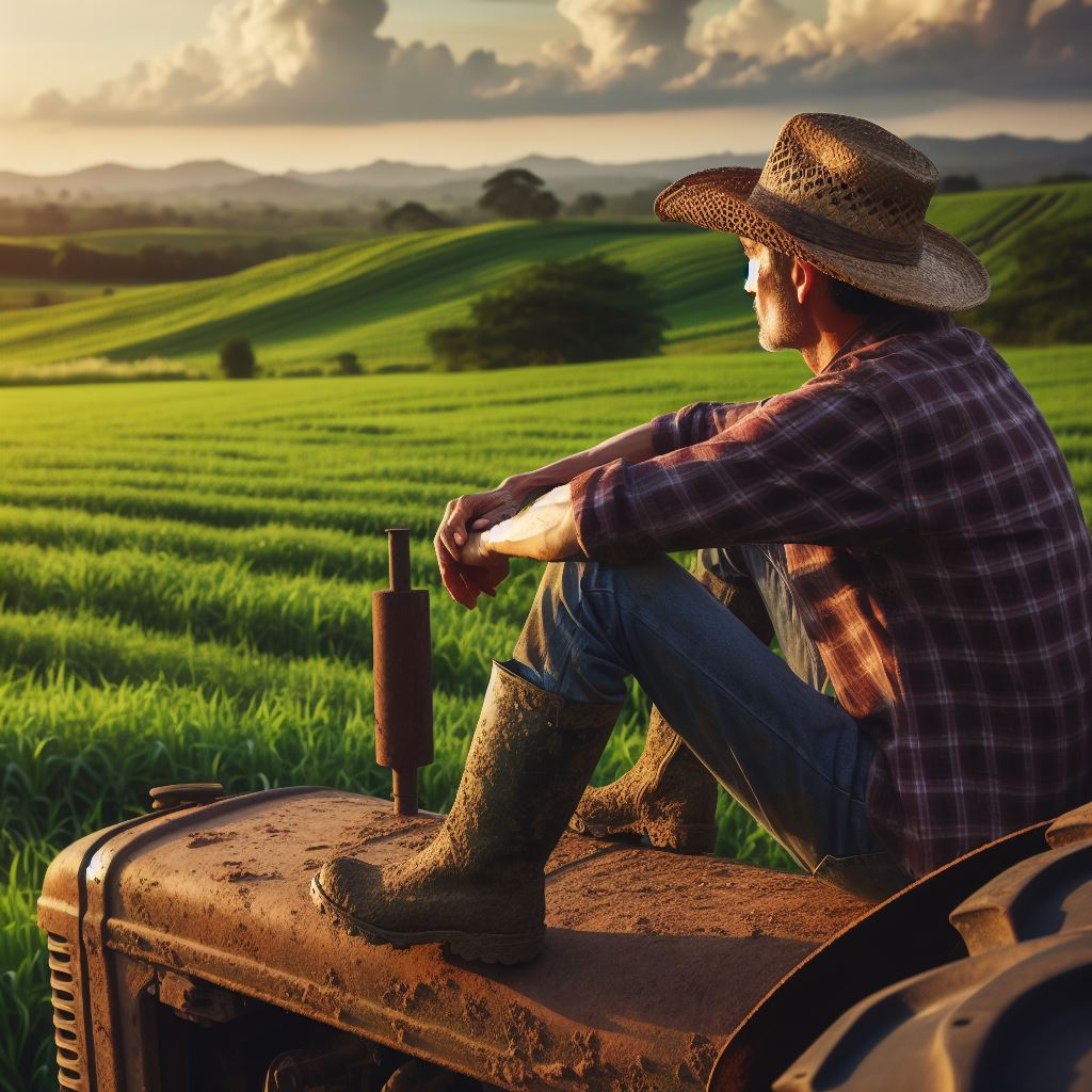 Farmer sitting on tractor gazing into the sunset