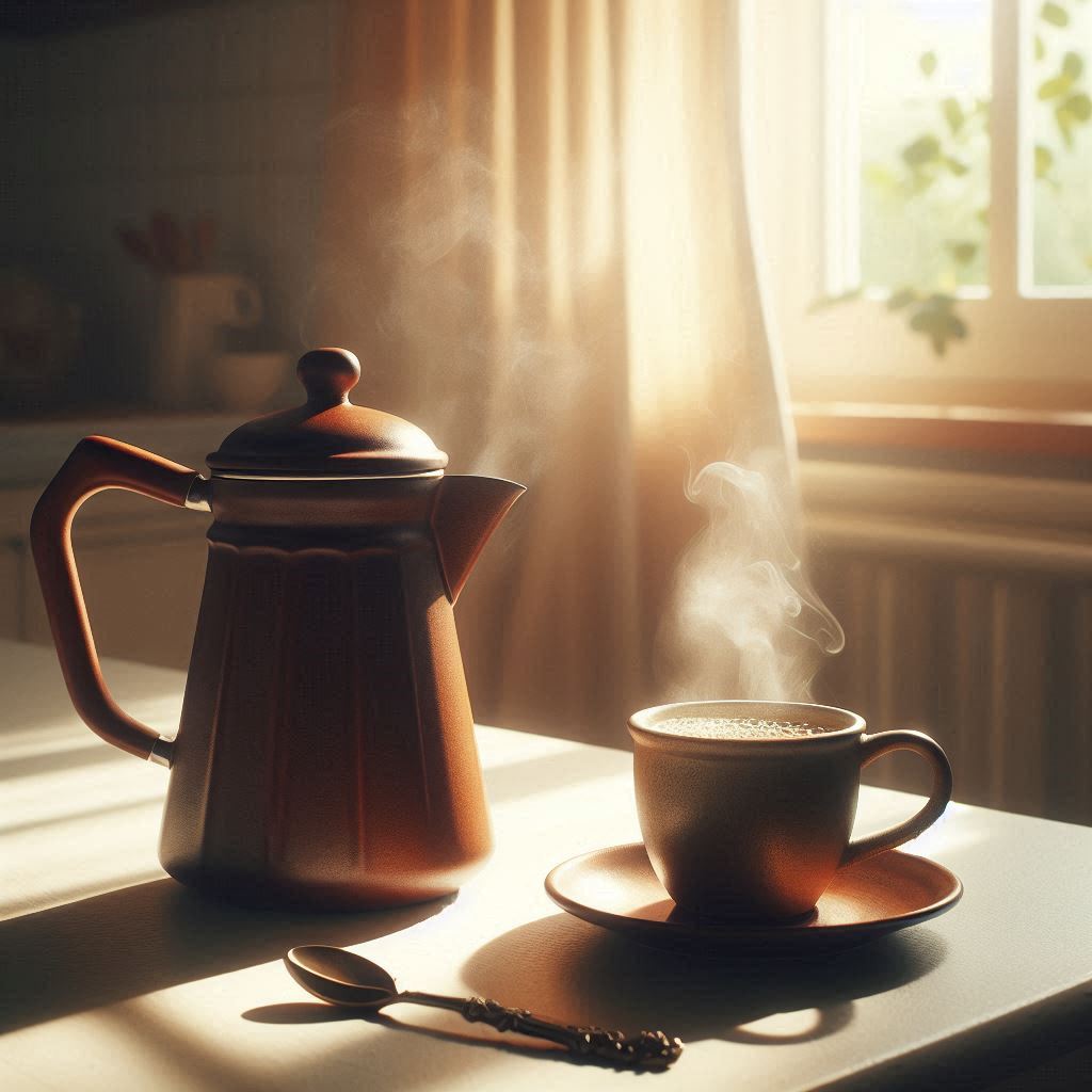 Soft morning light, pot, and cup of steaming coffee