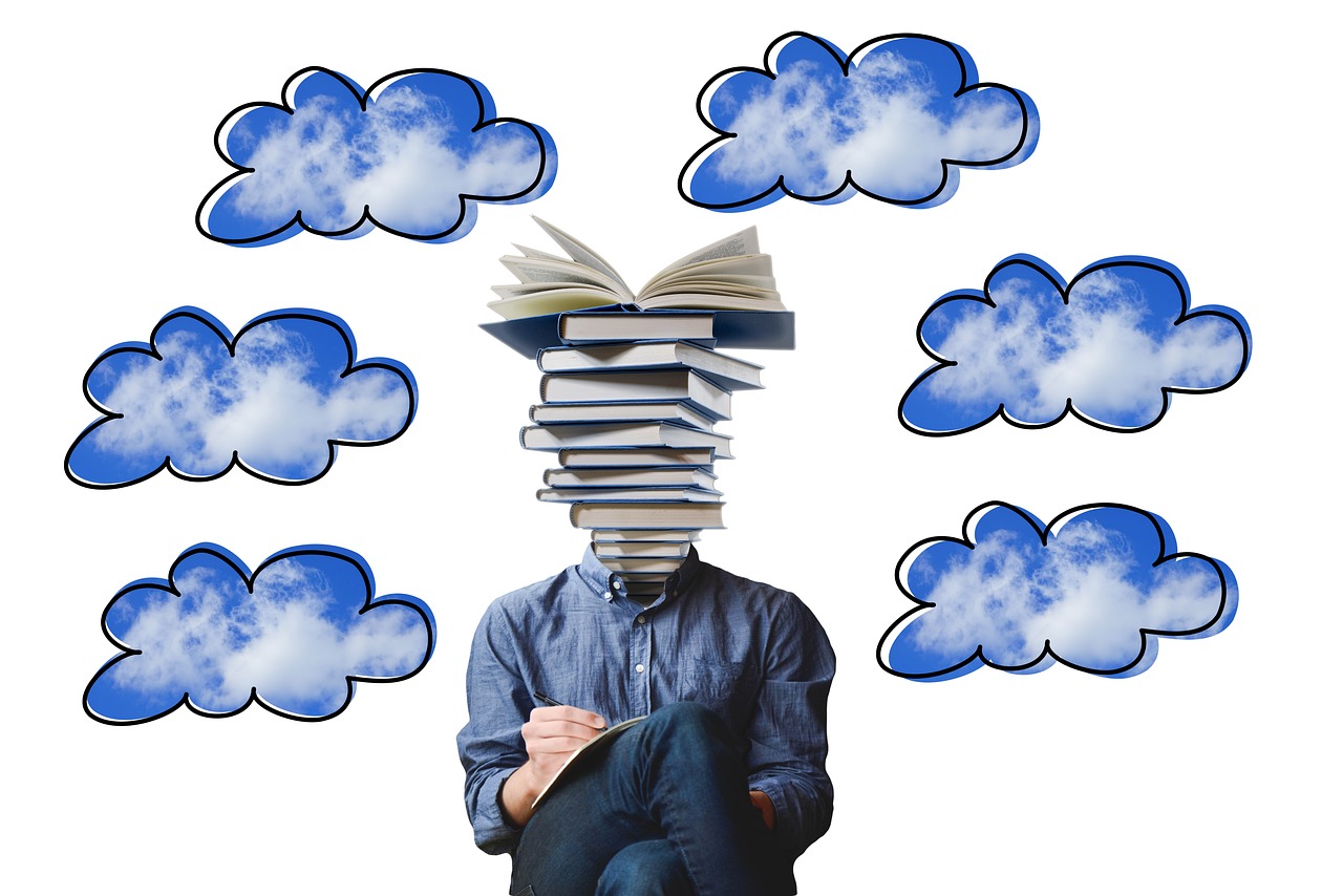 words clouds over person with stack of books on shoulders