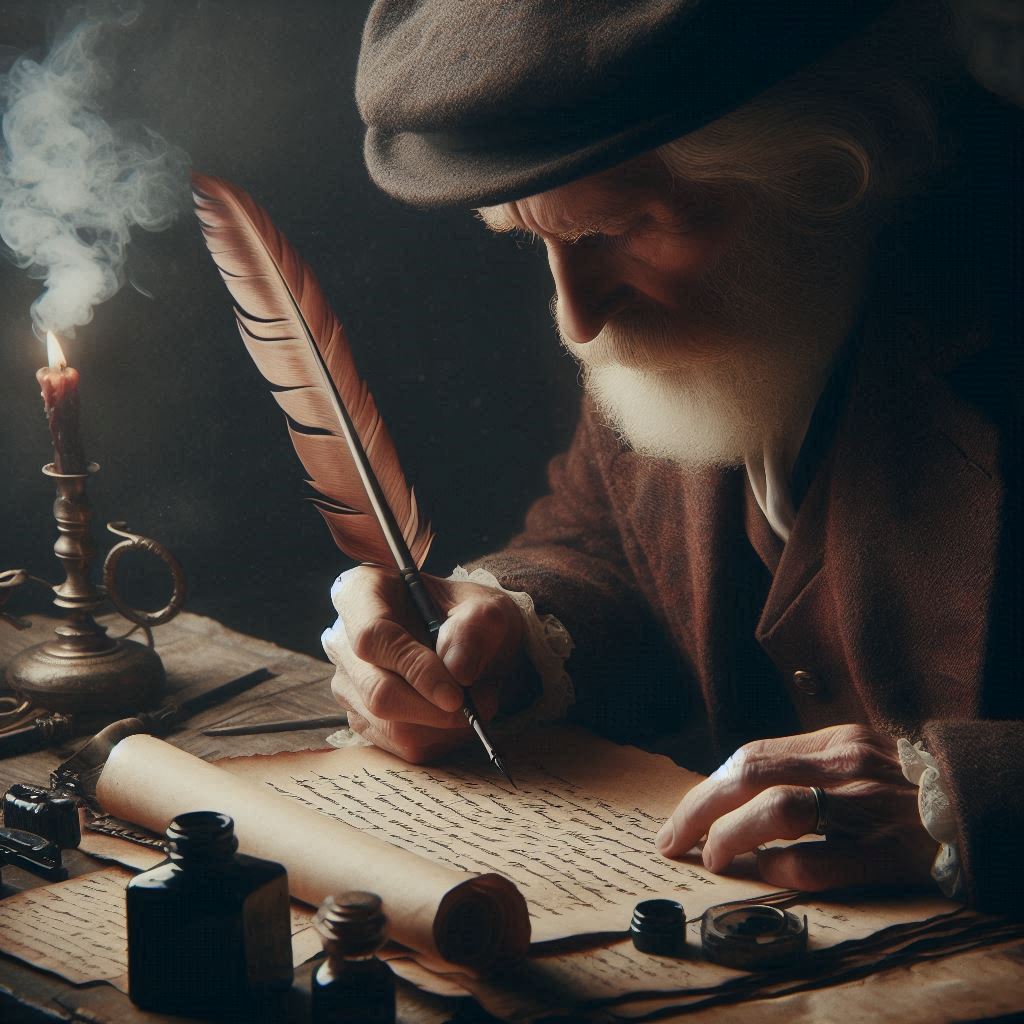 Man writing by candlelight with quill and scroll