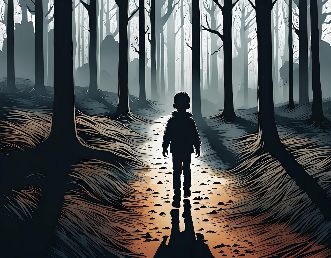 AI Generated Boy walking in a dark forest