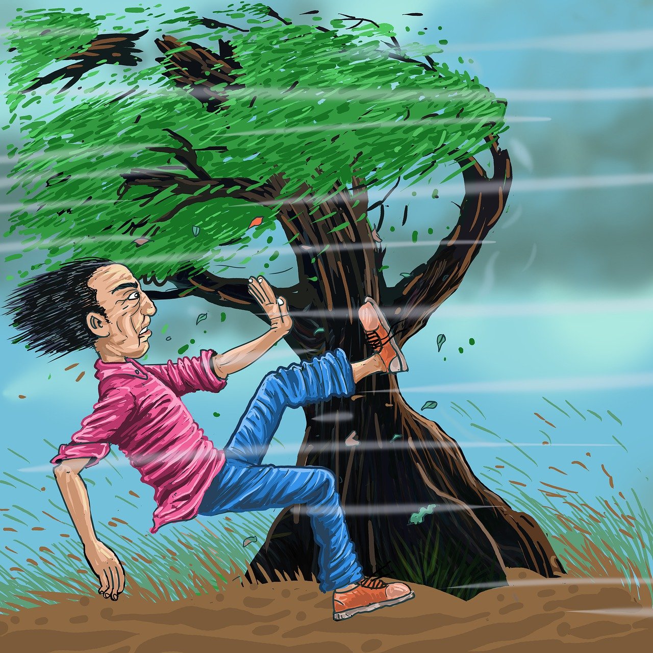 Sketch of a man and tree facing the flowing wind