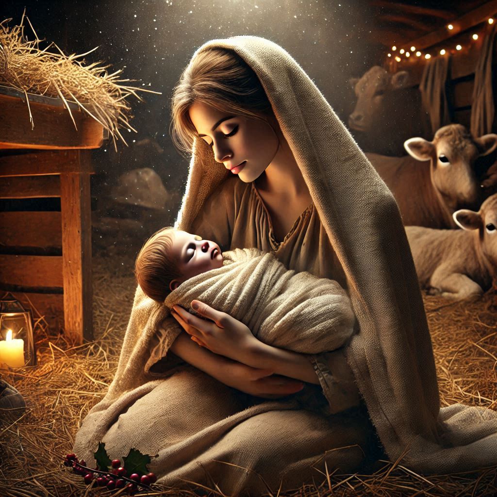 Mary holding Jesus in the manger