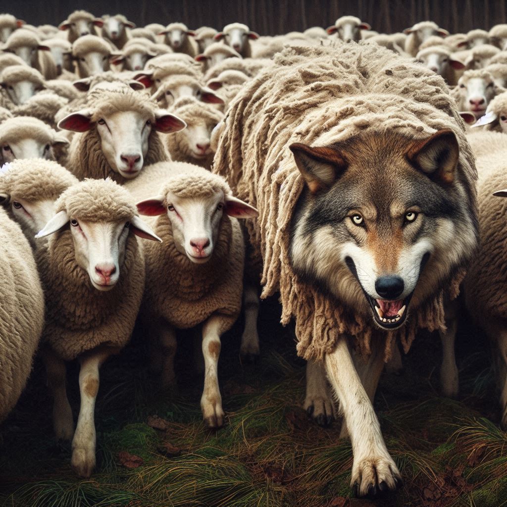 Wolf dressed as a sheep within the flock