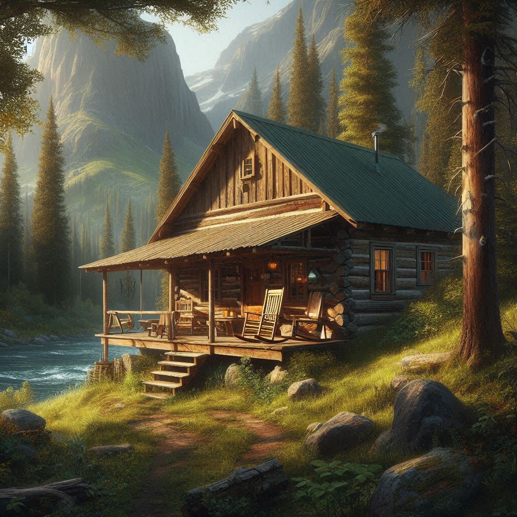 AI Remote Cabin with a rocking chair on the porch